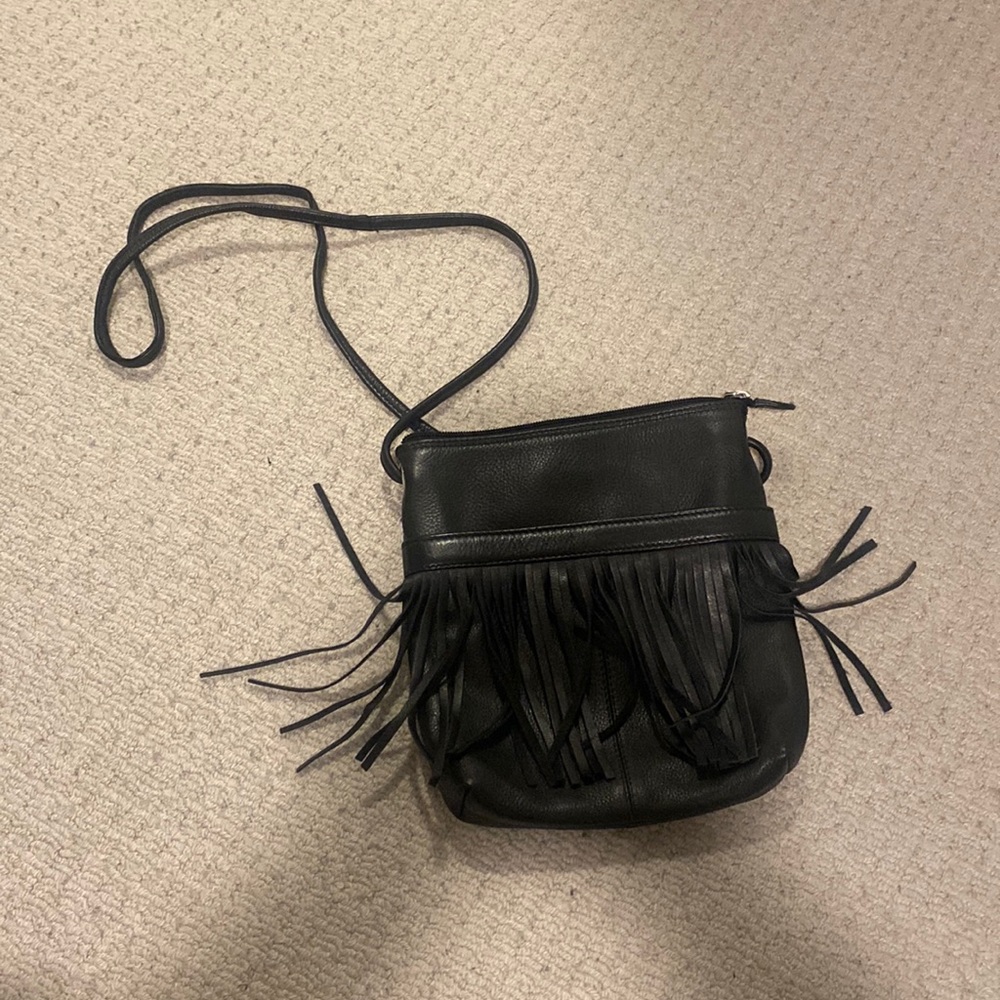 Barneys New York Black Leather Fringe Crossbody Bag